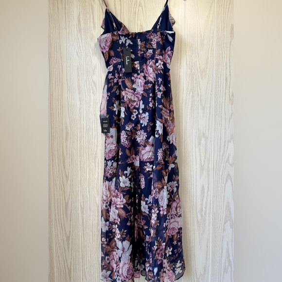 Lulu’s Flounce Wrap Midi Dress Size S Navy Lavender Floral Ruffle Chiffon NWT - Picture 3 of 4